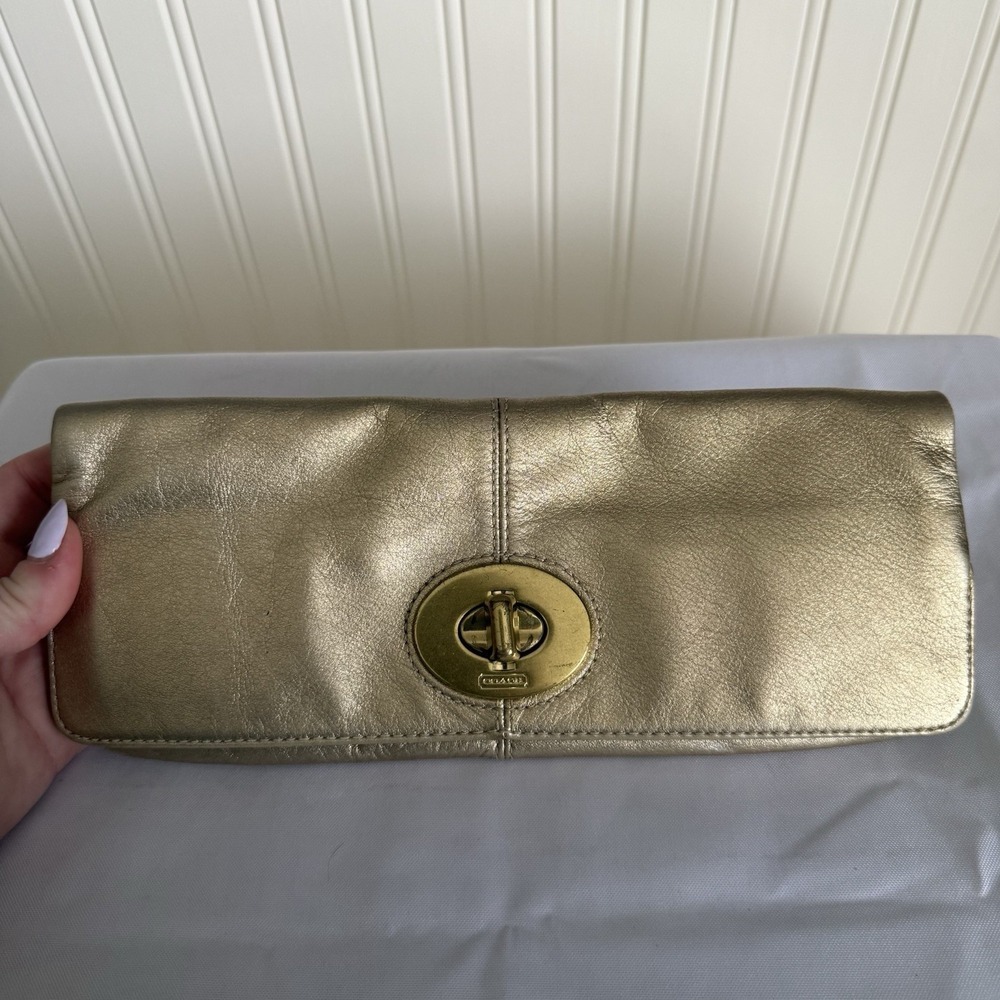 Coach Madeline Gold on Gold Fold Over Turnlock Clutch Handbag Purse Wallet